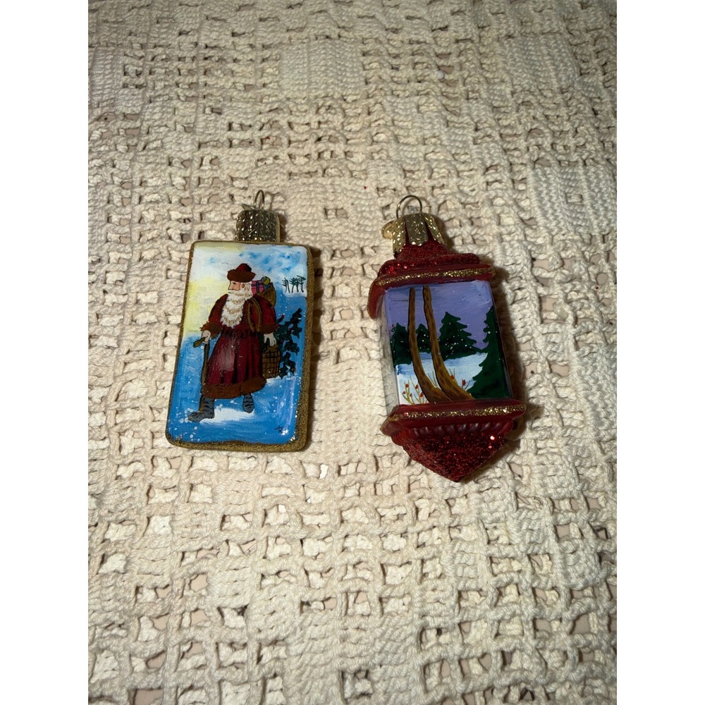 Old World Christmas Hand Painted Glass Ornaments‎ Santa Cardinal Set of 2